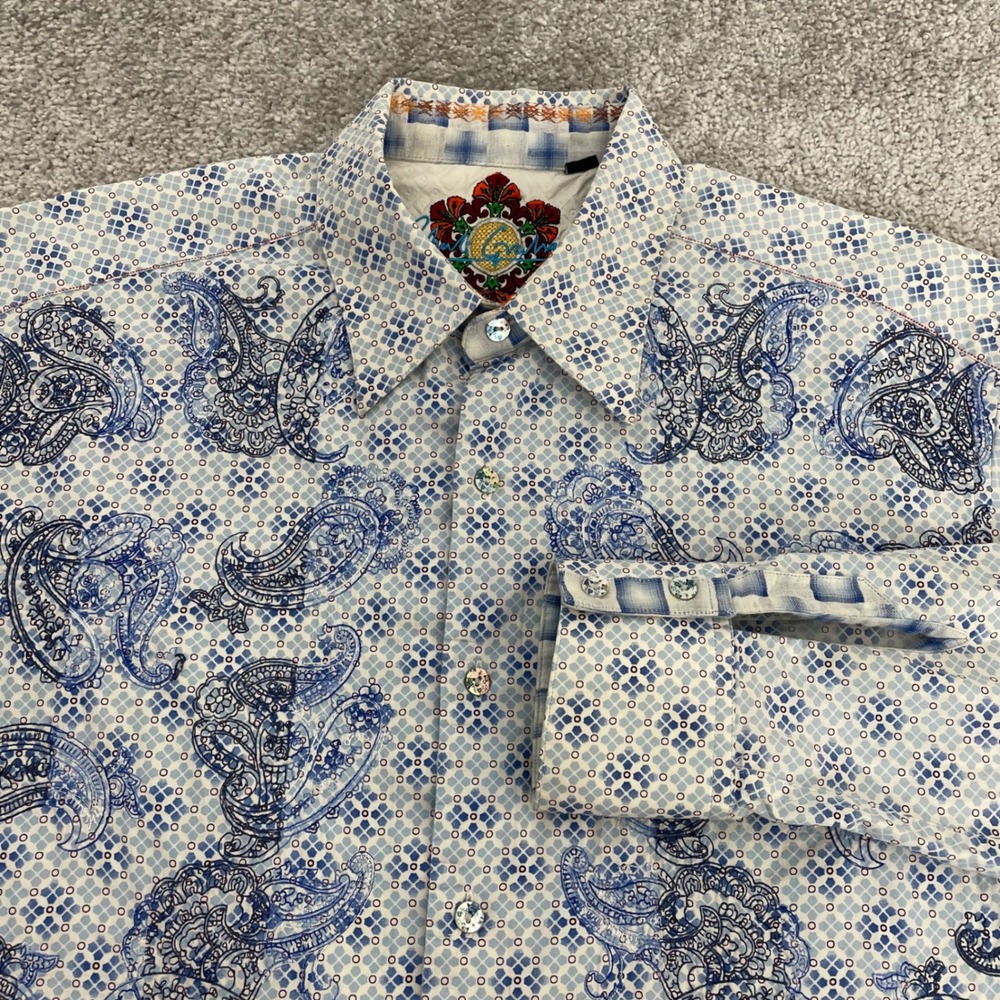 Robert Graham Dress Shirt Mens Large Paisley Geometric Button Up Blue White